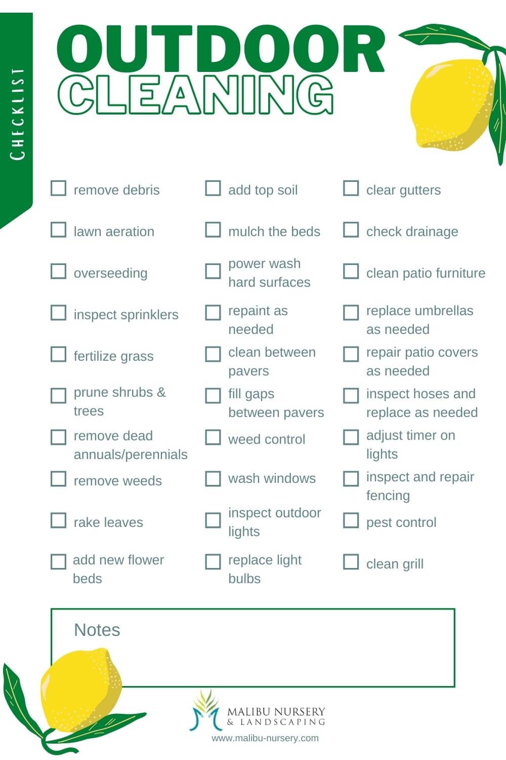 Malibu Nursery Outdoor Cleaning Checklist